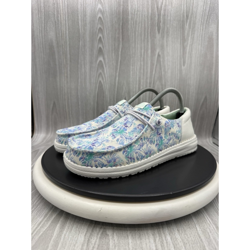 HEY DUDE Wendy Funk Y Junior Size 6 Womens 8 Blue Tropical Floral Slip On Shoes